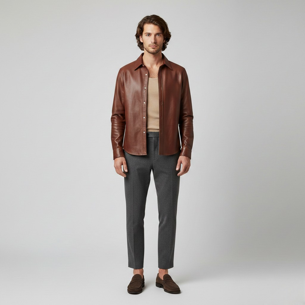 Men's Leather Button-Up Shirt Jacket