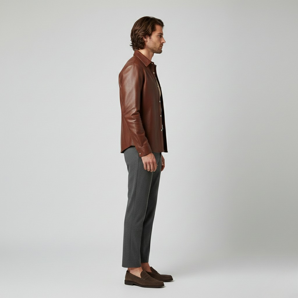 Men's Leather Button-Up Shirt Jacket
