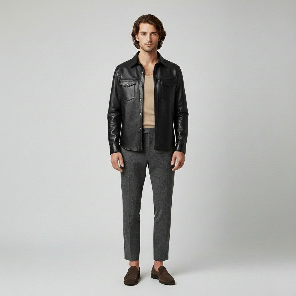Men's Leather Button-Up Shirt Jacket