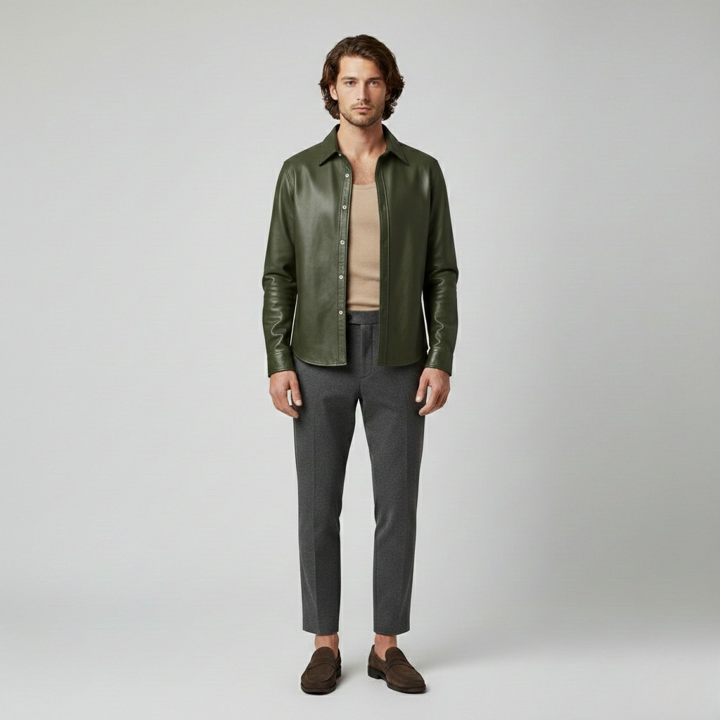 Men's Leather Button-Up Shirt Jacket